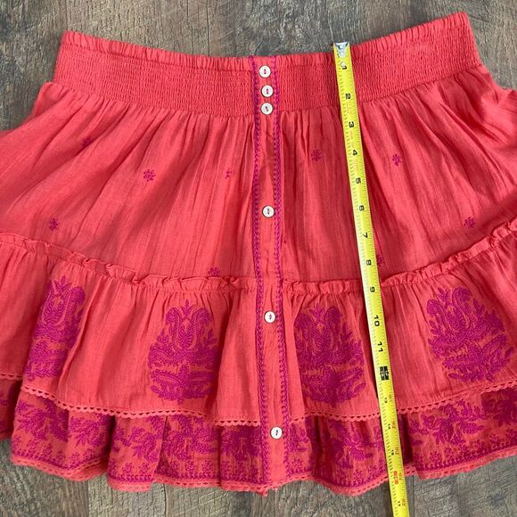M.A.B.E. NWT Mina Embroidered Mini Tiered Skirt Coral 100% Cotton Boho Chic sz L - Picture 10 of 10